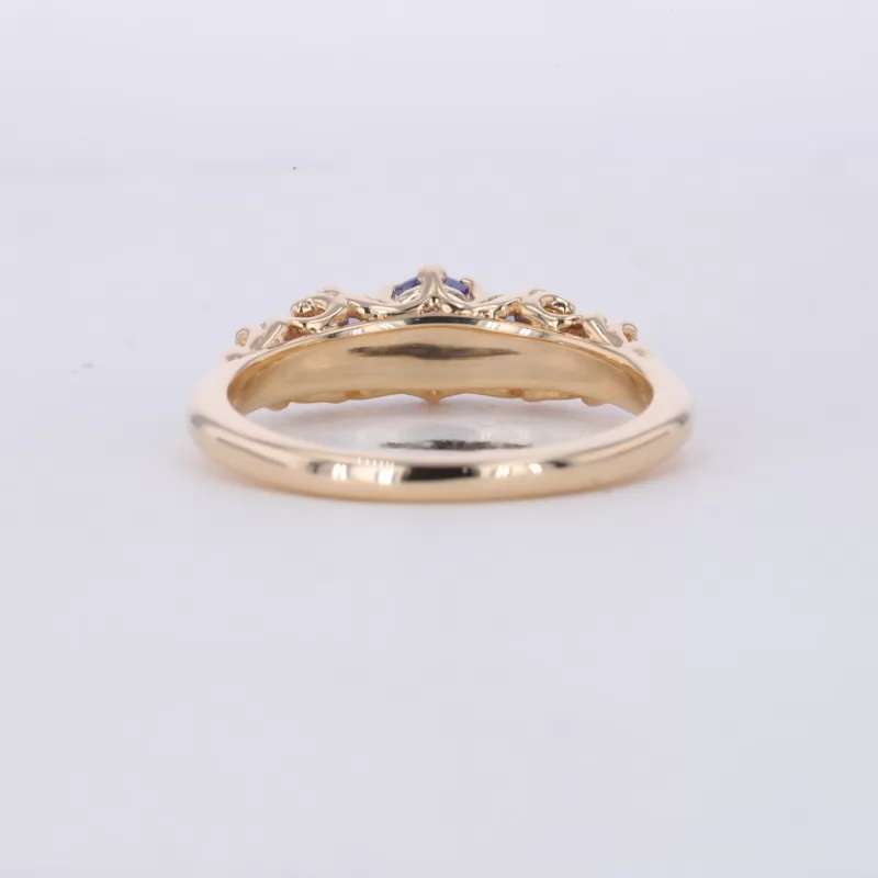 5mm Round Brilliant Cut Lab Grown Sapphire 14K Yellow Gold Five Stone Diamond Ring