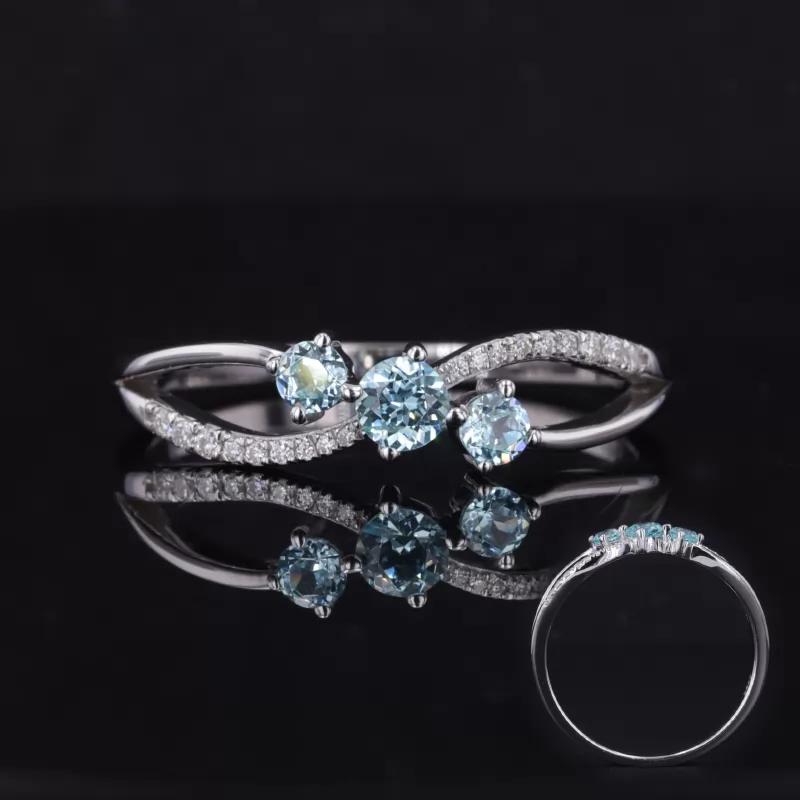 4mm Round Brilliant Cut Lab Grown Paraiba Sapphire S925 Sterling Silver Three Stone Engagement Ring