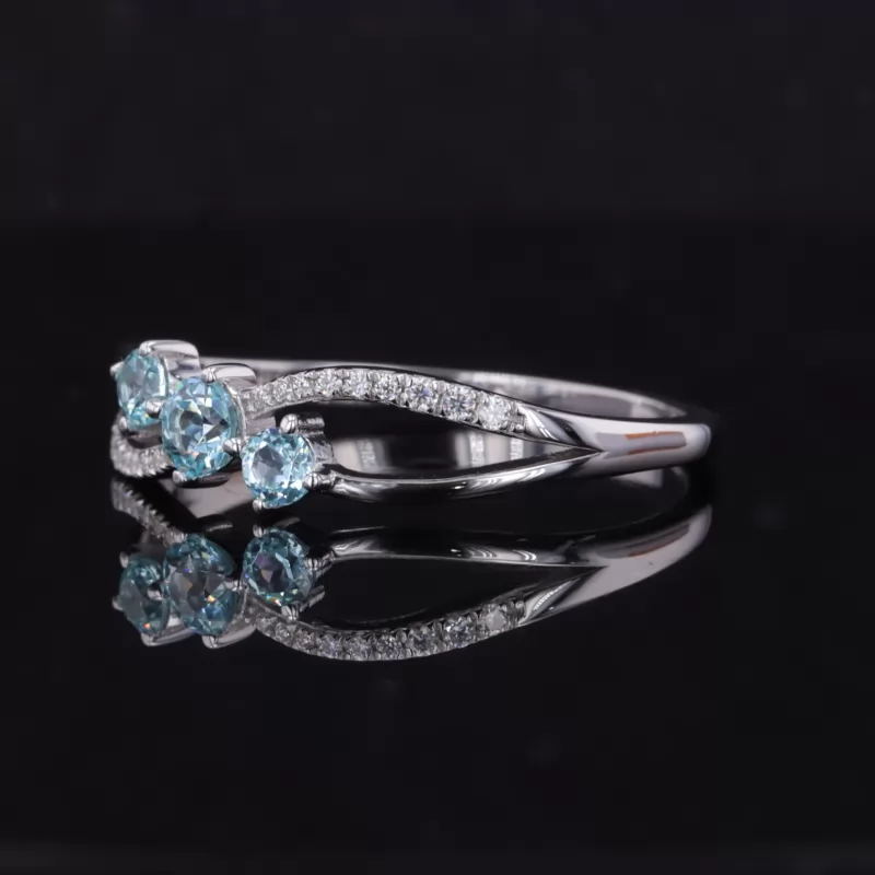 4mm Round Brilliant Cut Lab Grown Paraiba Sapphire S925 Sterling Silver Three Stone Engagement Ring