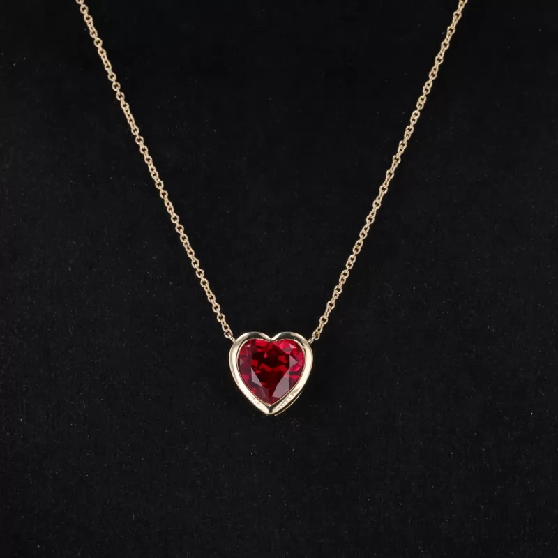 8×8mm Heart Cut Lab Grown Ruby Bezel Set 18K Yellow Gold Diamond Pendant Necklace