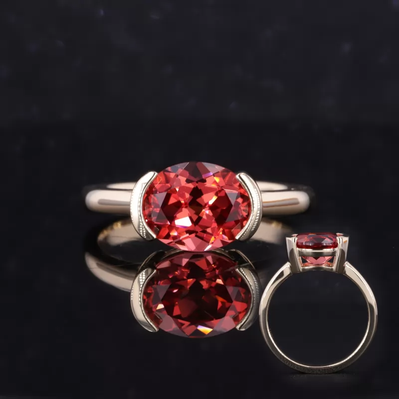 8×10mm Oval Cut Lab Grown Ruby 10K Yellow Gold Tension Set Engagement Ring