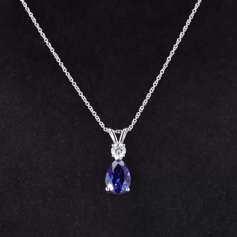 7×10mm Pear Cut Lab Grown Sapphire 14K White Gold Diamond Pendant Necklace
