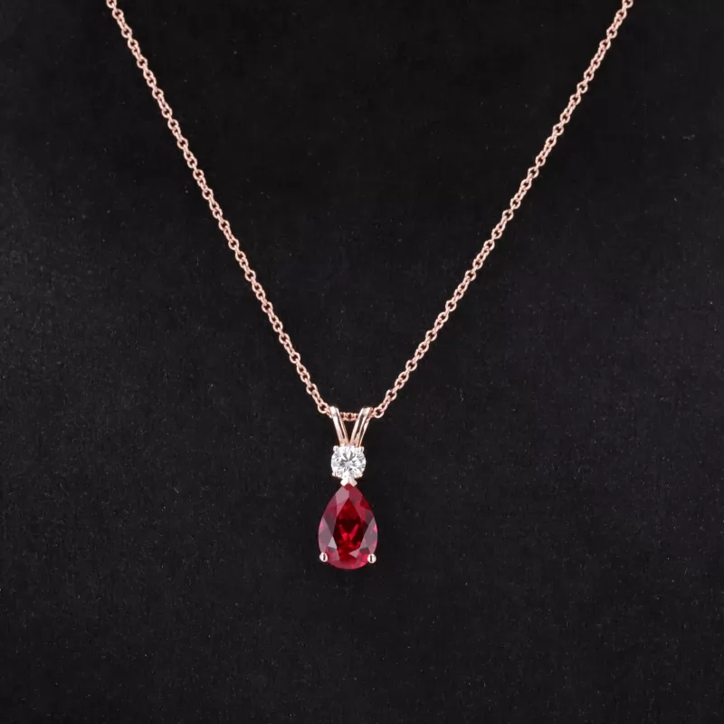 6×9mm Pear Cut Lab Grown Ruby 14K Rose Gold Diamond Pendant Necklace