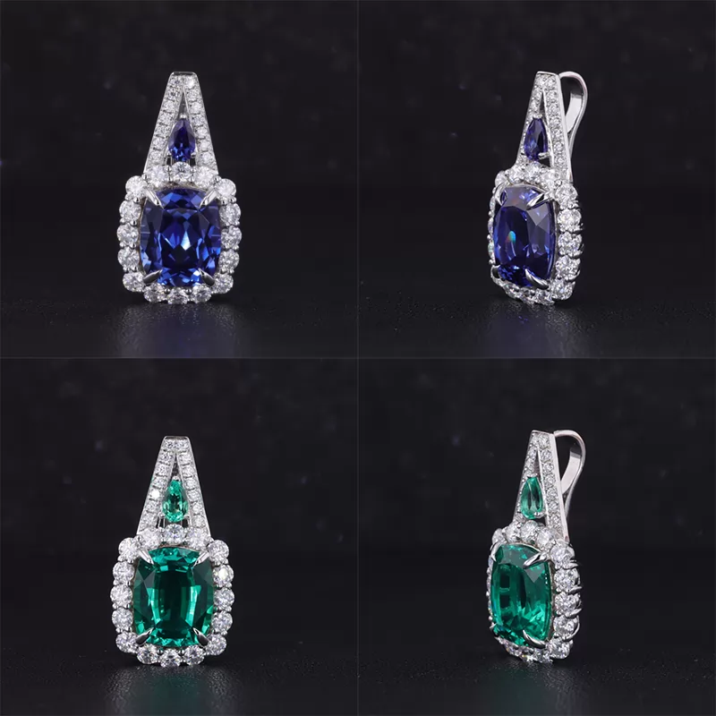 9×11mm Cushion Cut Lab Grown Sapphire & Lab Grown Emerald 14K White Gold Diamond Pendants