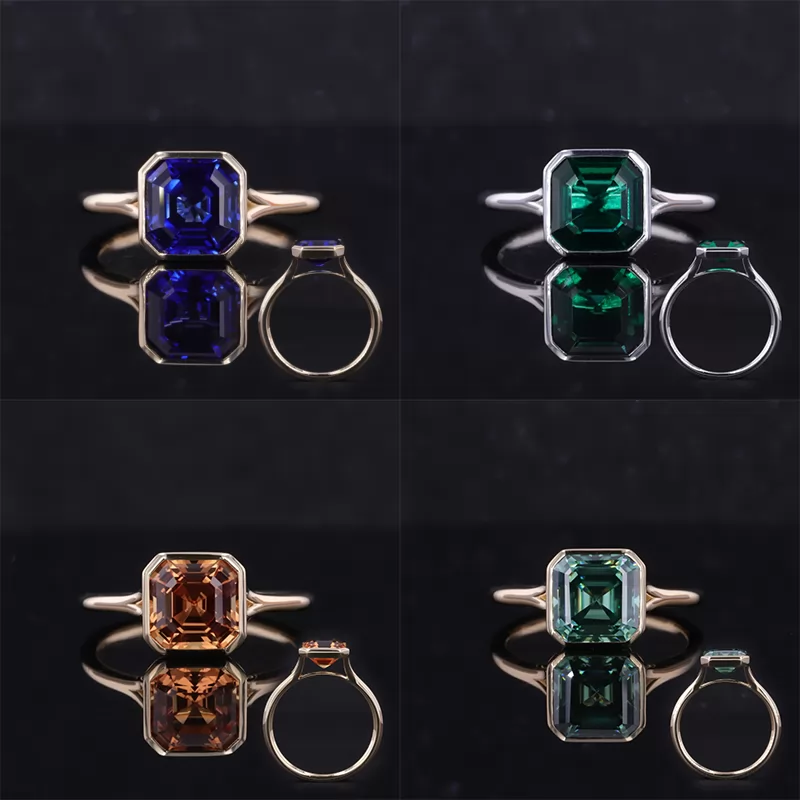 8×8mm Asscher Cut Colour Gemstones Bezel Set Solitaire Engagement Rings