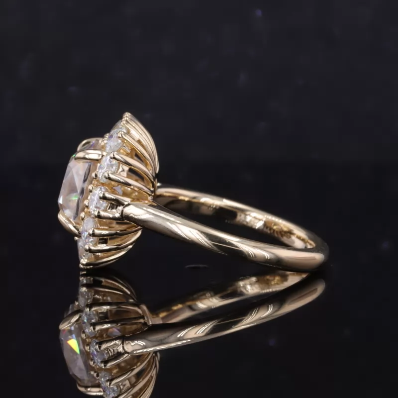 8.5×8.5mm Cushion Shape Old Mine Cut Moissanite 14K Yellow Gold Halo Engagement Ring