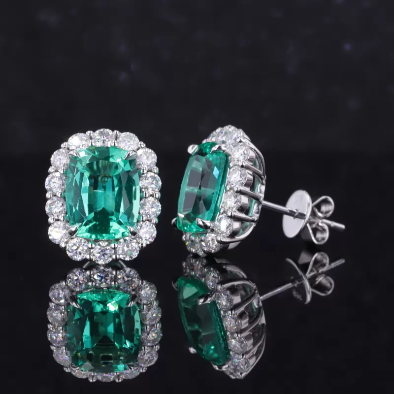 7×9mm Cushion Cut Lab Grown Emerald Halo Set 14K White Gold Diamond Stud Earrings