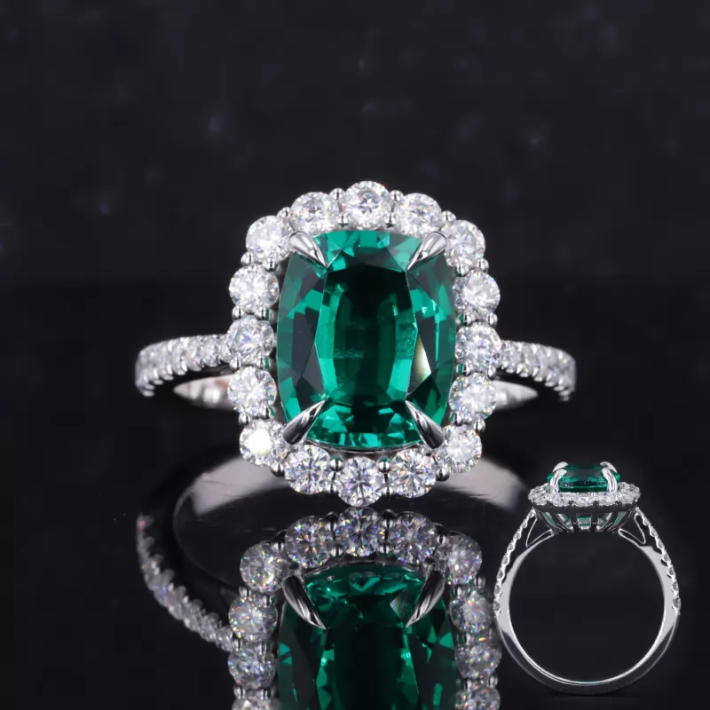 9×11mm Cushion Cut Lab Grown Emerald 14K White Gold Halo Engagement Ring