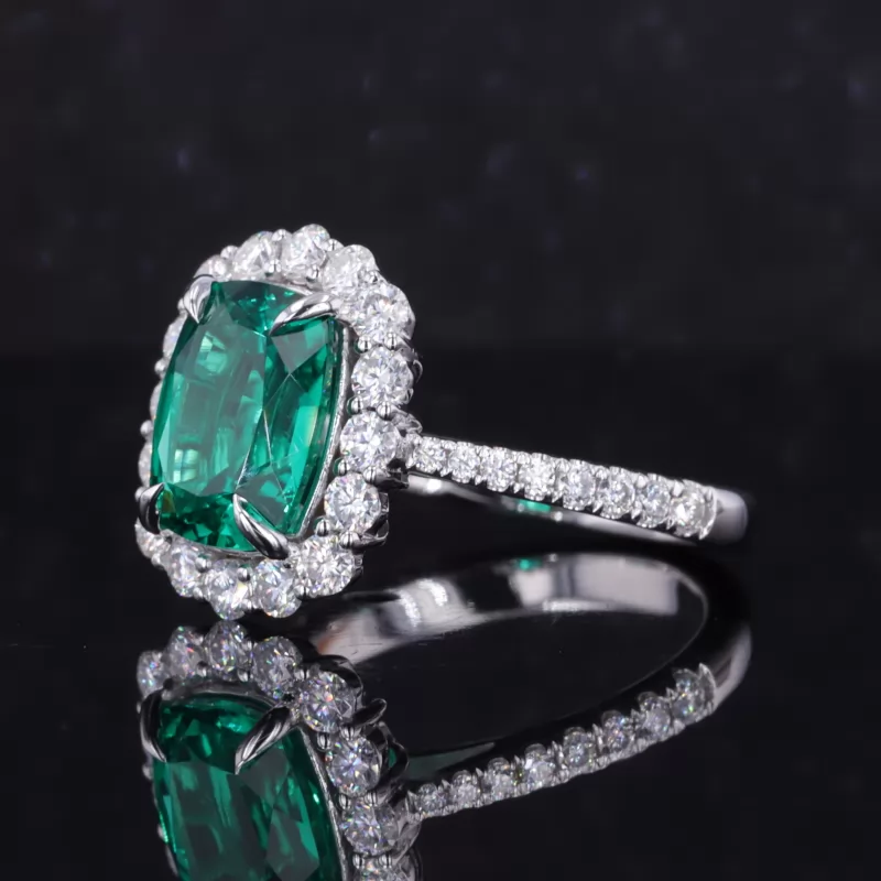9×11mm Cushion Cut Lab Grown Emerald 14K White Gold Halo Engagement Ring