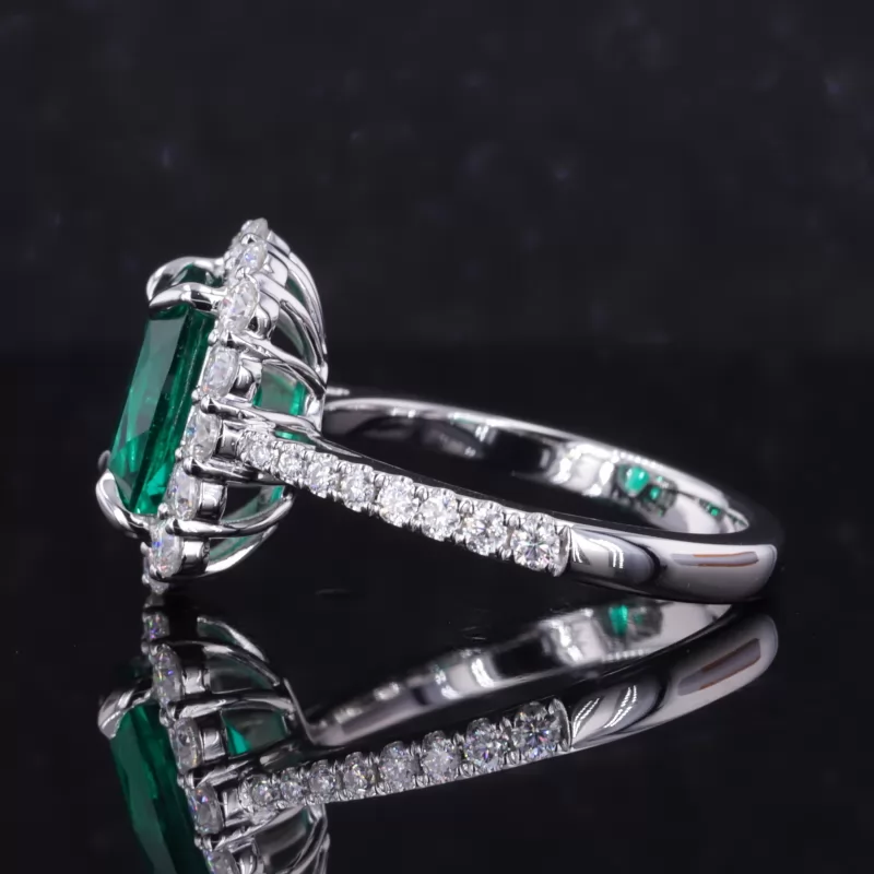 9×11mm Cushion Cut Lab Grown Emerald 14K White Gold Halo Engagement Ring