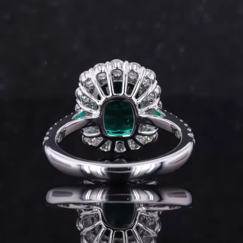 9×11mm Cushion Cut Lab Grown Emerald 14K White Gold Halo Engagement Ring