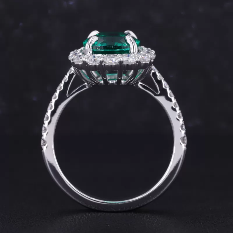 9×11mm Cushion Cut Lab Grown Emerald 14K White Gold Halo Engagement Ring