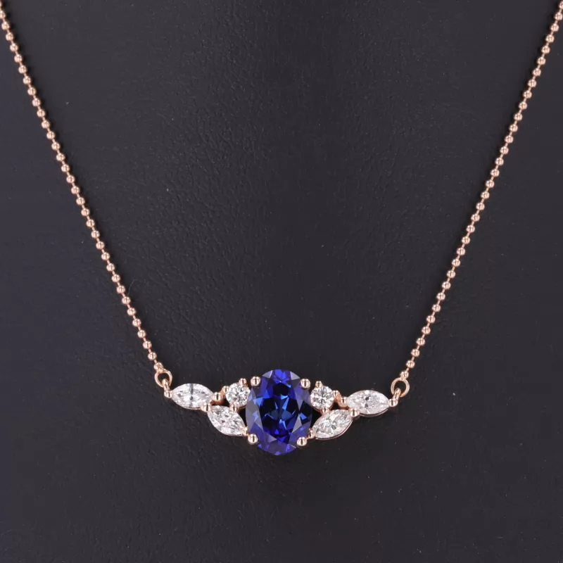 7×9mm Oval Cut Lab Grown Sapphire 18K Rose Gold Diamond Pendant Necklace