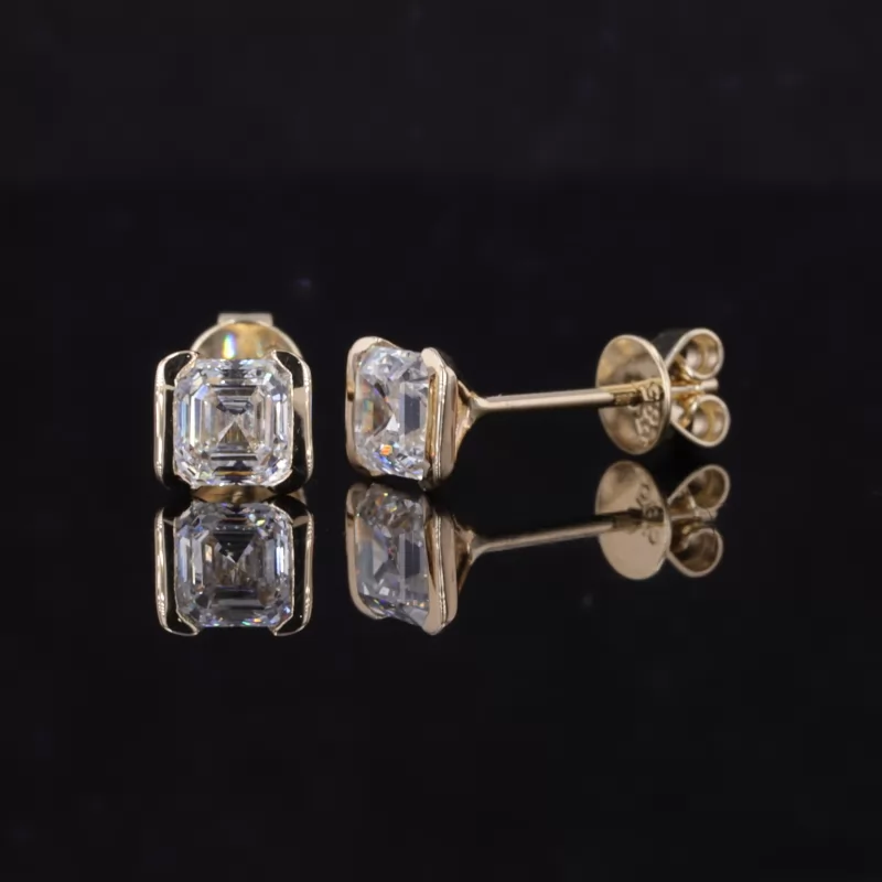 Asscher Cut Lab Grown Diamond Tension Set 14K Yellow Gold Diamond Stud Earrings