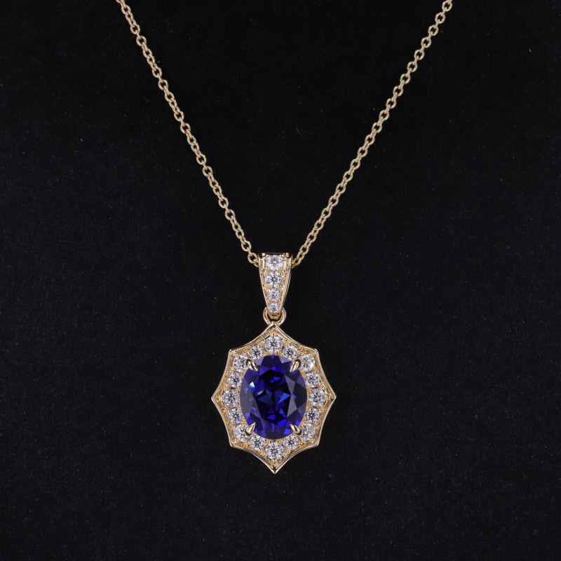 8×10mm Oval Cut Lab Grown Sapphire 14K Yellow Gold Diamond Pendant Necklace