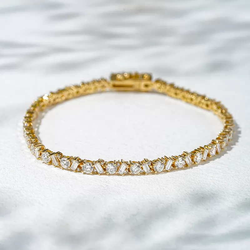 1.5x3mm Baguette Step Cut Lab Diamond and 3.0mm Round Brilliant Cut Lab Grown Diamond 18K Solid Gold Tennis Bracelet