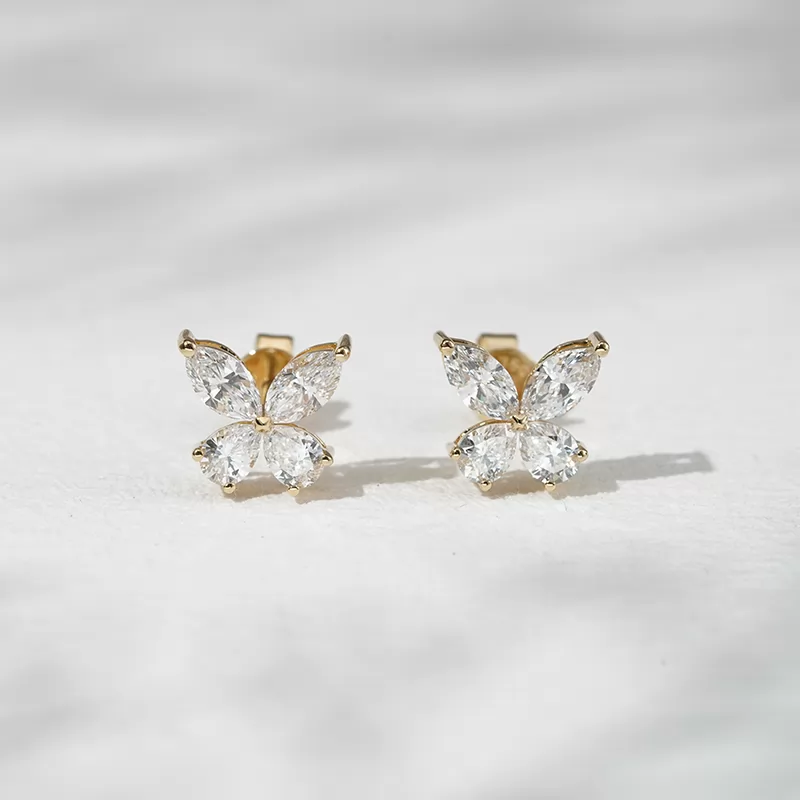 3×6mm Marquise Cut & 3×4mm Pear Cut Lab Grown Diamond Butterfly Shape 18K Gold Diamond Stud Earrings