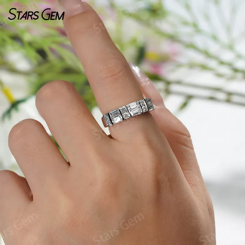 2×4mm Octagon Emerald Cut Moissanite & 2.5mm Round Brilliant Cut Moissanite S925 Sterling Silver Diamond Ring