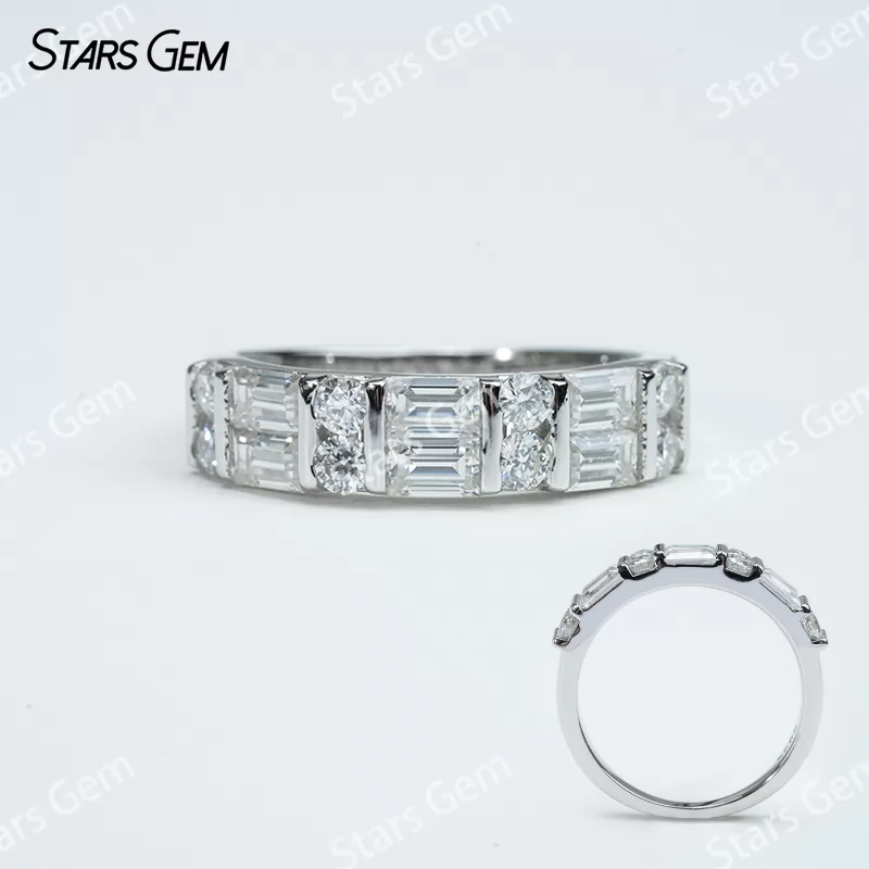 2×4mm Octagon Emerald Cut Moissanite & 2.5mm Round Brilliant Cut Moissanite S925 Sterling Silver Diamond Ring