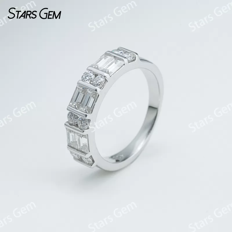 2×4mm Octagon Emerald Cut Moissanite & 2.5mm Round Brilliant Cut Moissanite S925 Sterling Silver Diamond Ring
