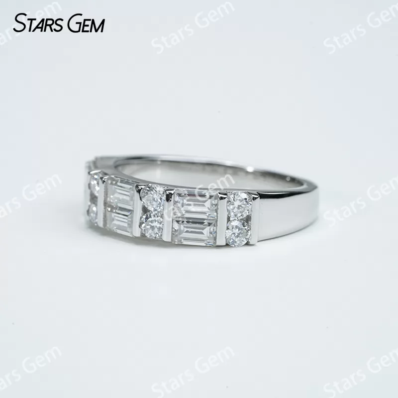 2×4mm Octagon Emerald Cut Moissanite & 2.5mm Round Brilliant Cut Moissanite S925 Sterling Silver Diamond Ring
