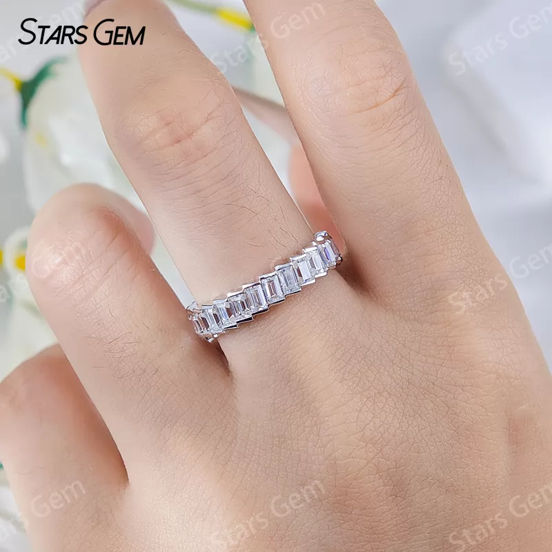 2×3mm Baguette Step Cut Moissanite S925 Sterling Silver Diamond Eternity Ring