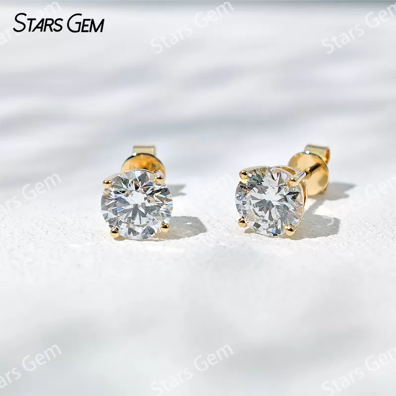 6.7mm Round Brilliant Cut Lab Grown Diamond Basket Set 14K 18K Gold Diamond Stud Earrings