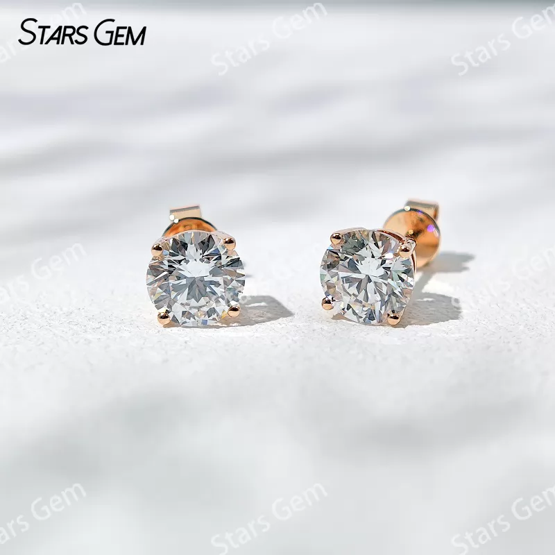 6.7mm Round Brilliant Cut Lab Grown Diamond Basket Set 14K 18K Gold Diamond Stud Earrings