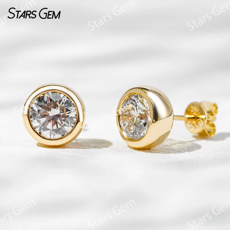 6.4mm Round Brilliant Cut Lab Grown Diamond Bezel Set 14K 18K Gold Diamond Stud Earrings