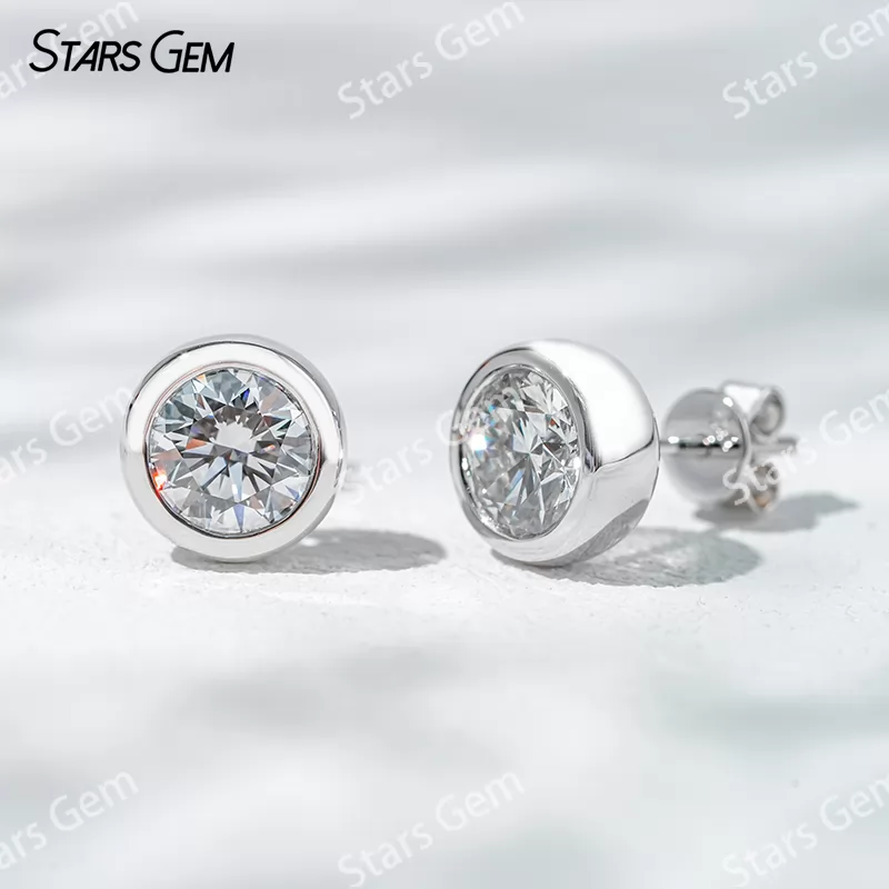 6.4mm Round Brilliant Cut Lab Grown Diamond Bezel Set 14K 18K Gold Diamond Stud Earrings