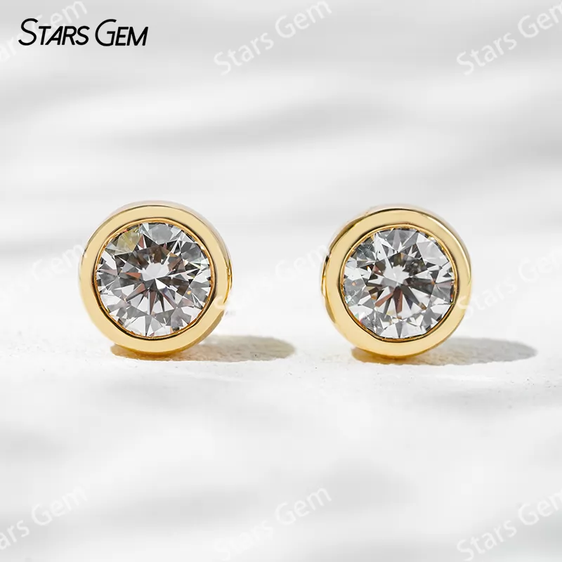 6.4mm Round Brilliant Cut Lab Grown Diamond Bezel Set 14K 18K Gold Diamond Stud Earrings