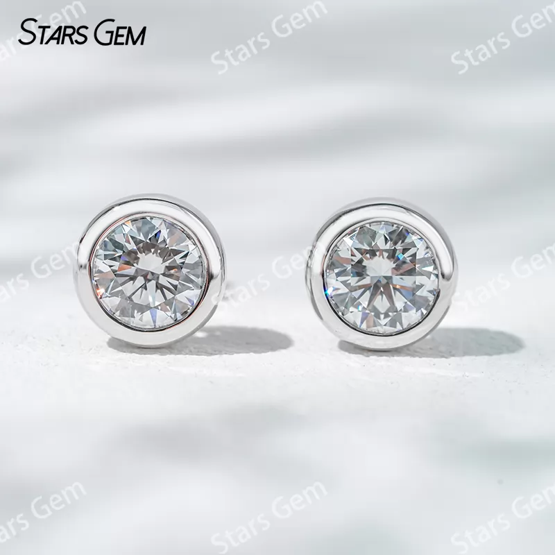 6.4mm Round Brilliant Cut Lab Grown Diamond Bezel Set 14K 18K Gold Diamond Stud Earrings