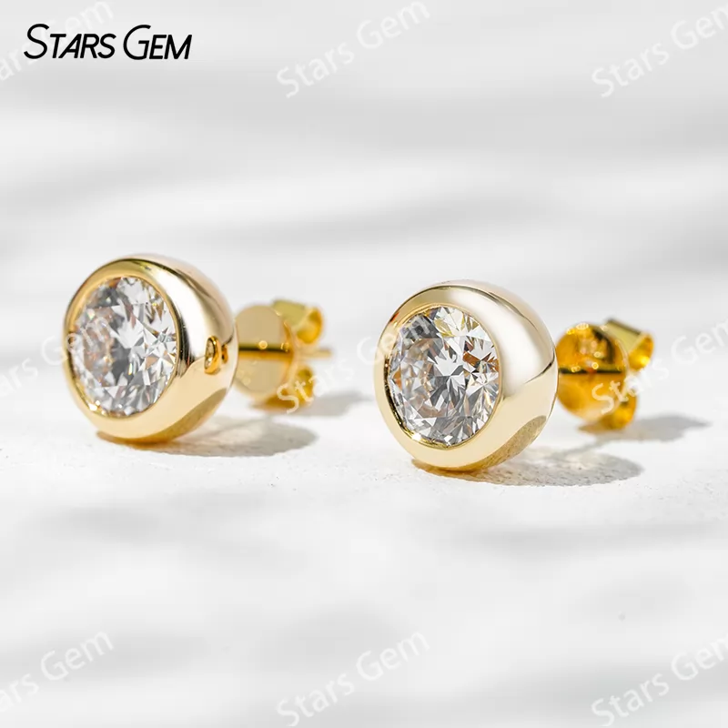 6.4mm Round Brilliant Cut Lab Grown Diamond Bezel Set 14K 18K Gold Diamond Stud Earrings