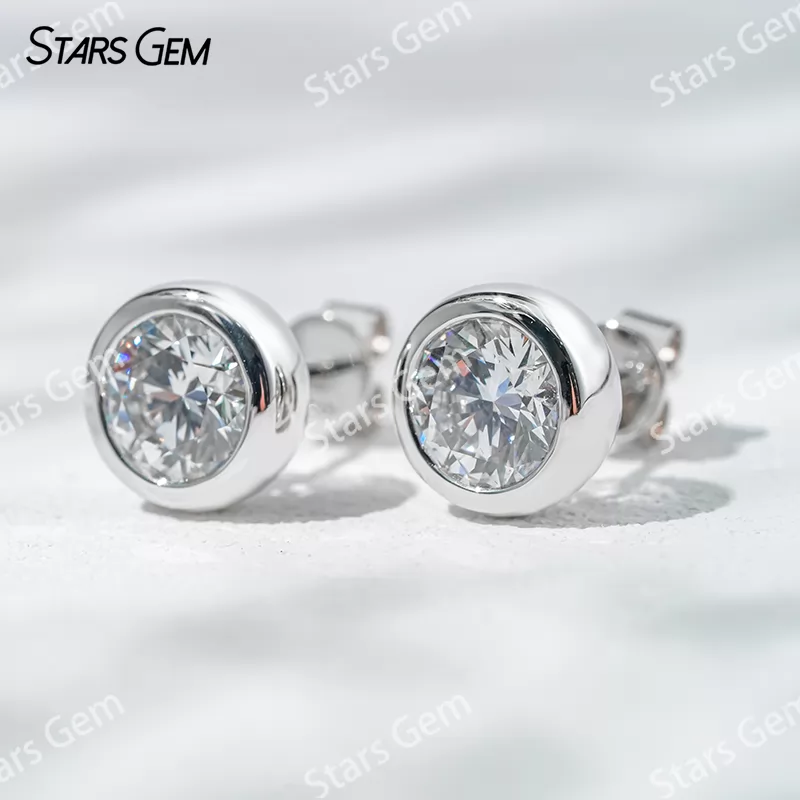 6.4mm Round Brilliant Cut Lab Grown Diamond Bezel Set 14K 18K Gold Diamond Stud Earrings
