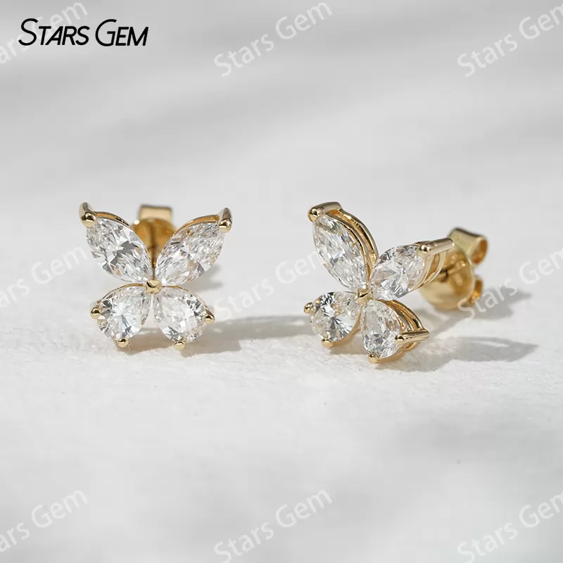 3×6mm Marquise Cut & 3×4mm Pear Cut Lab Grown Diamond Butterfly Shape 18K Gold Diamond Stud Earrings