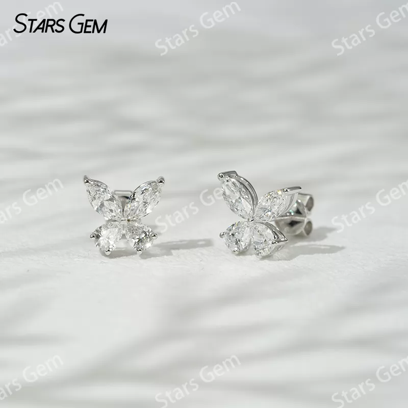 3×6mm Marquise Cut & 3×4mm Pear Cut Lab Grown Diamond Butterfly Shape 18K Gold Diamond Stud Earrings