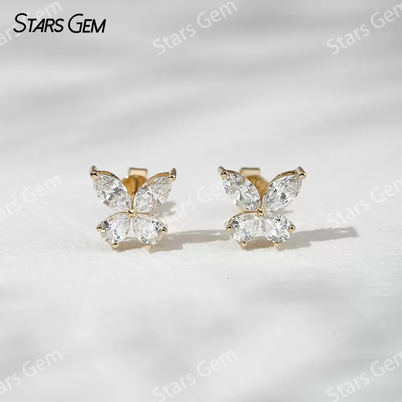 3×6mm Marquise Cut & 3×4mm Pear Cut Lab Grown Diamond Butterfly Shape 18K Gold Diamond Stud Earrings