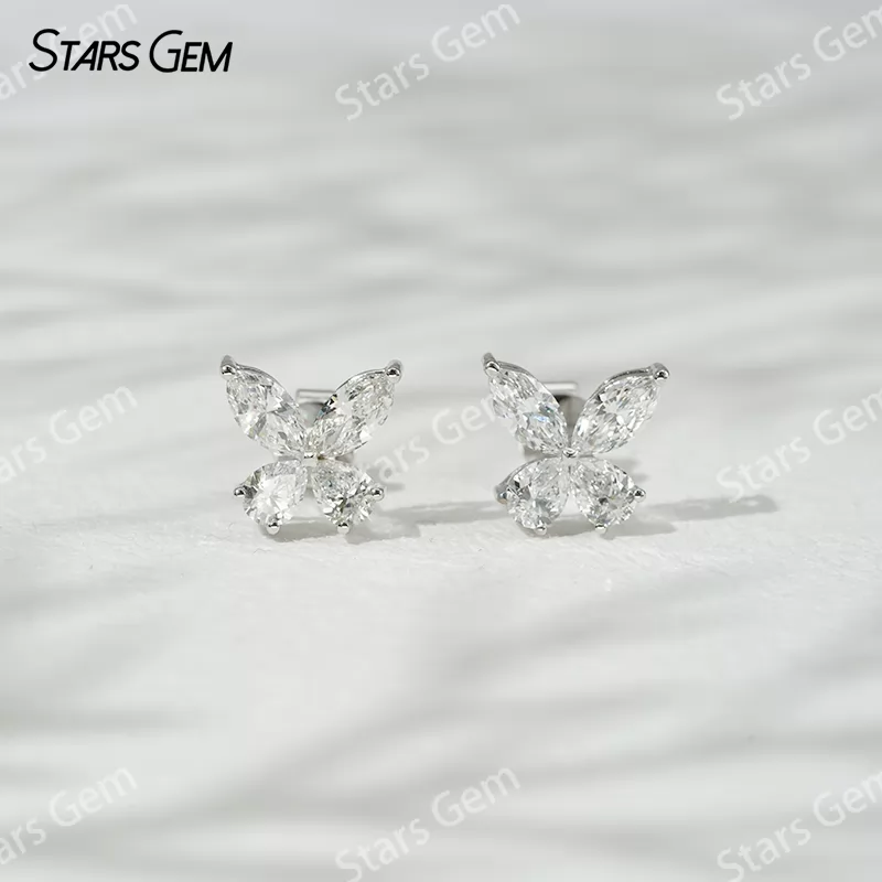 3×6mm Marquise Cut & 3×4mm Pear Cut Lab Grown Diamond Butterfly Shape 18K Gold Diamond Stud Earrings