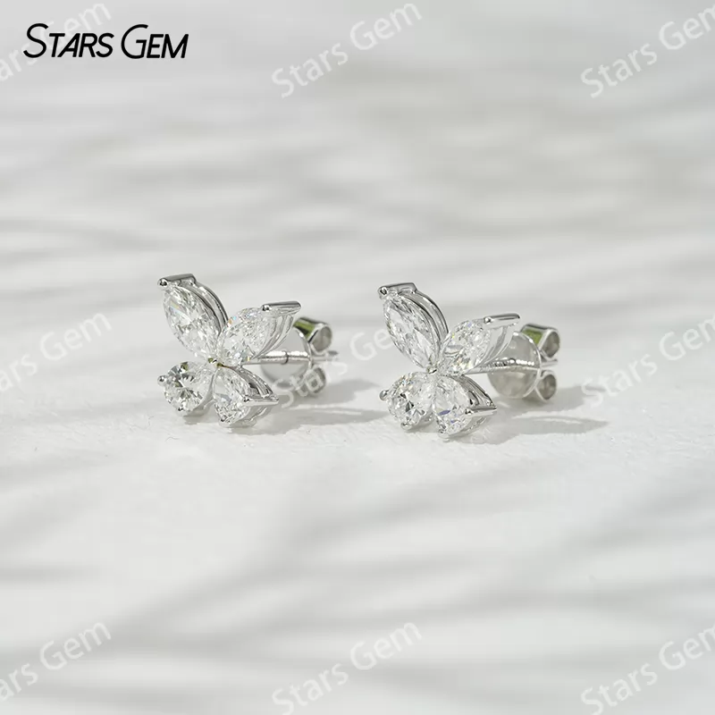 3×6mm Marquise Cut & 3×4mm Pear Cut Lab Grown Diamond Butterfly Shape 18K Gold Diamond Stud Earrings