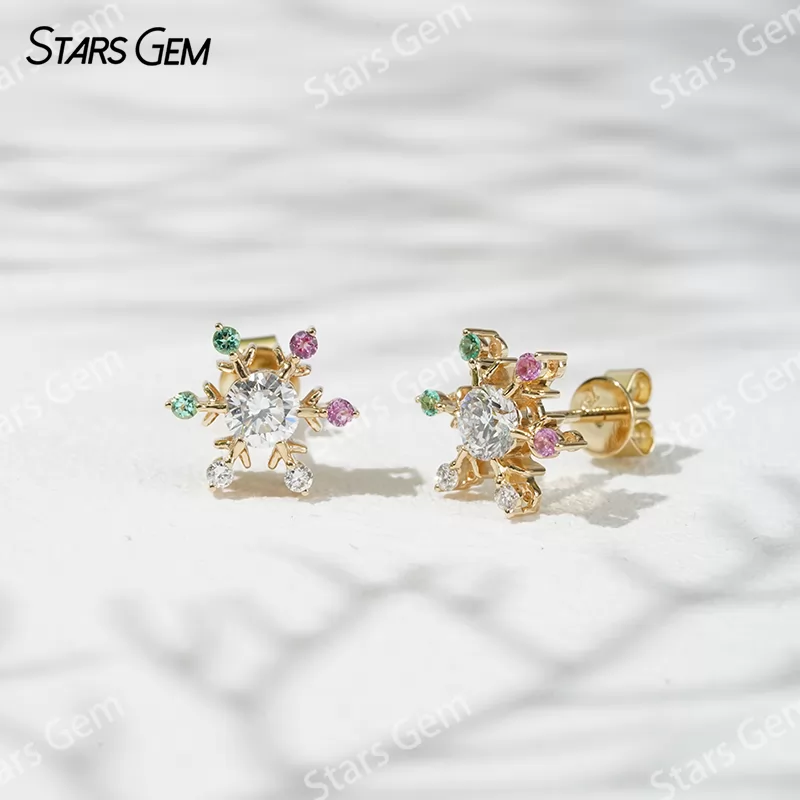 4.1mm Round Brilliant Cut Lab Grown Diamond Snowflake Shape 18K Gold Diamond Stud Earrings