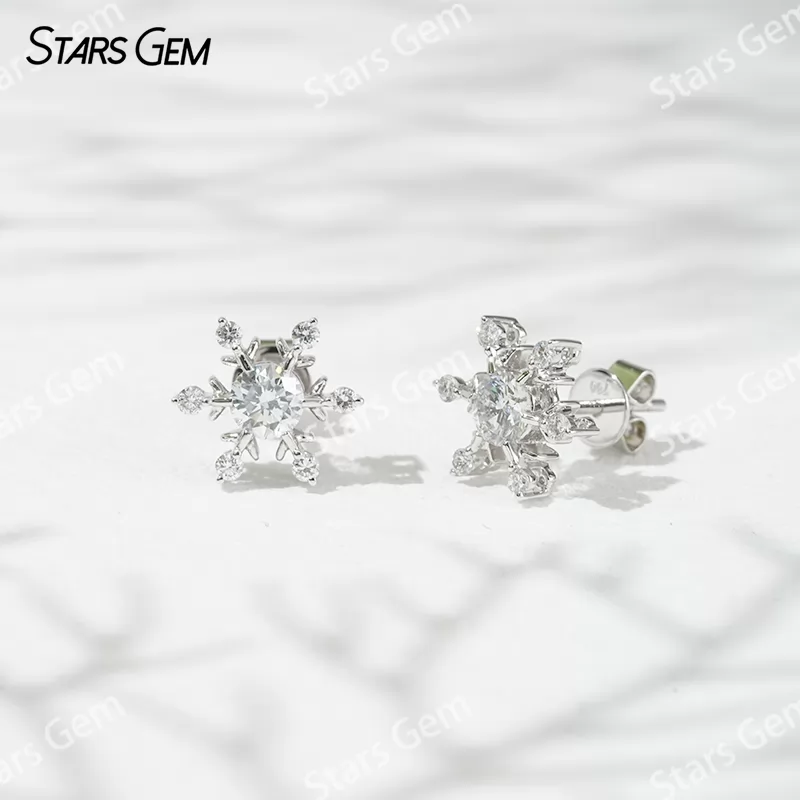 4.1mm Round Brilliant Cut Lab Grown Diamond Snowflake Shape 18K Gold Diamond Stud Earrings