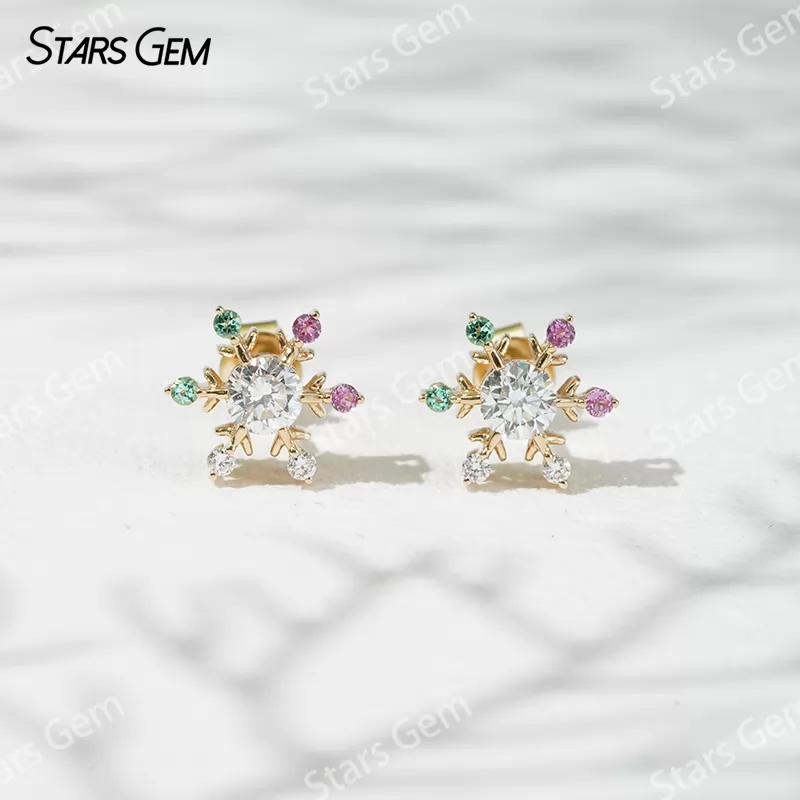 4.1mm Round Brilliant Cut Lab Grown Diamond Snowflake Shape 18K Gold Diamond Stud Earrings