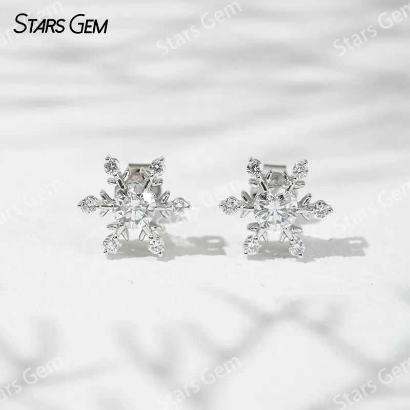4.1mm Round Brilliant Cut Lab Grown Diamond Snowflake Shape 18K Gold Diamond Stud Earrings