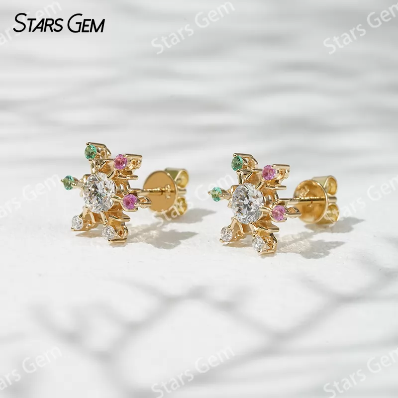 4.1mm Round Brilliant Cut Lab Grown Diamond Snowflake Shape 18K Gold Diamond Stud Earrings