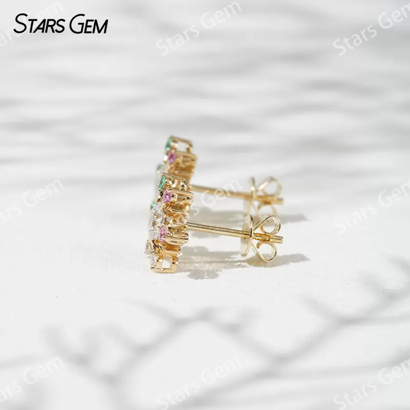 4.1mm Round Brilliant Cut Lab Grown Diamond Snowflake Shape 18K Gold Diamond Stud Earrings