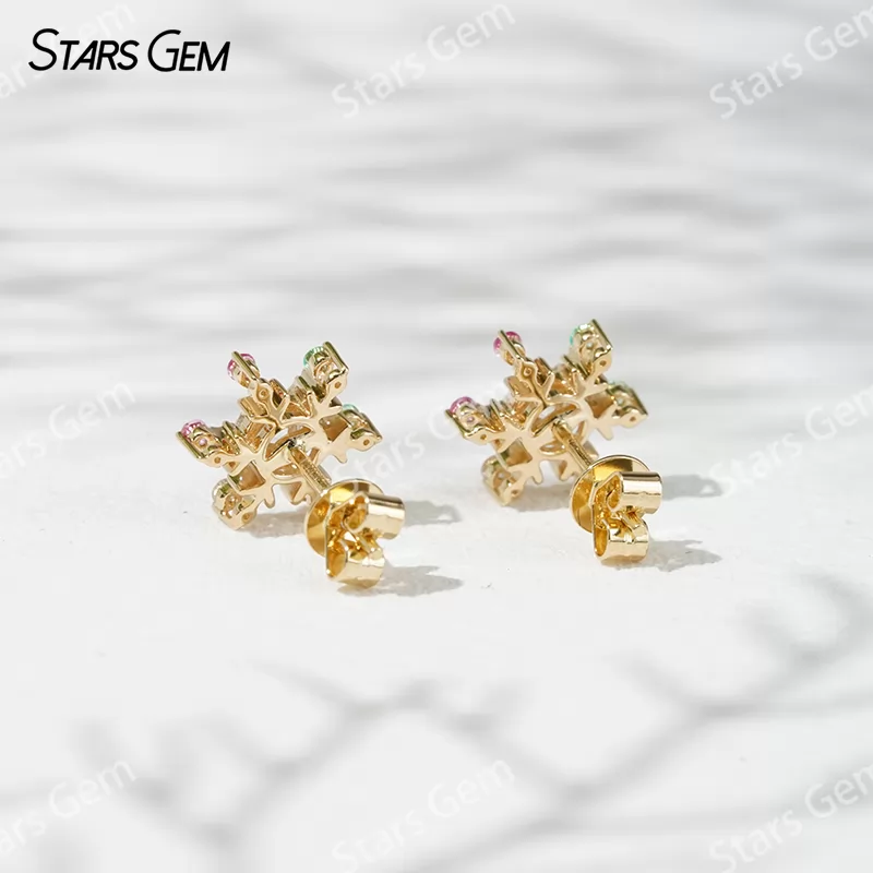 4.1mm Round Brilliant Cut Lab Grown Diamond Snowflake Shape 18K Gold Diamond Stud Earrings