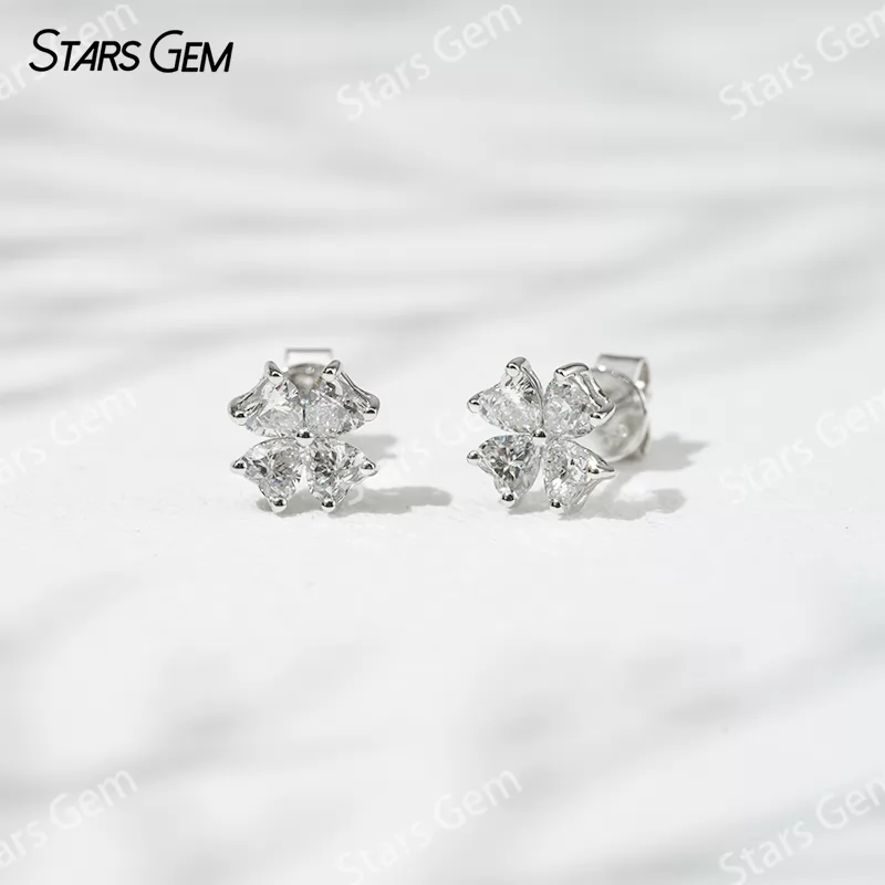 3×3mm Heart Cut Lab Grown Diamond Four Leaves Clover Shape 18K White Gold Diamond Stud Earrings