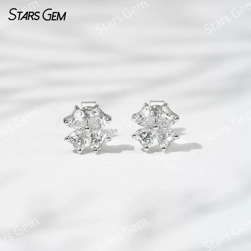 3×3mm Heart Cut Lab Grown Diamond Four Leaves Clover Shape 18K White Gold Diamond Stud Earrings