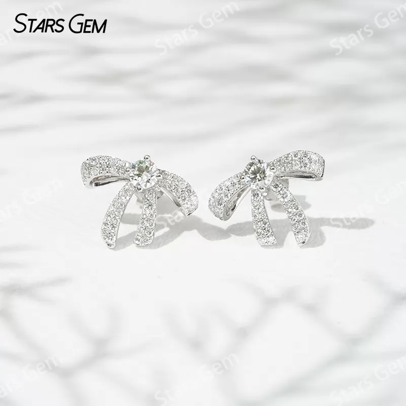 3.9mm Round Brilliant Cut Lab Grown Diamond Bowknot 18K White Gold Diamond Stud Earrings