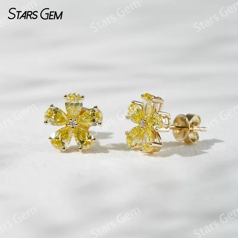 3×4.5mm Pear Cut Yellow Color Lab Grown Diamond Petals Shape Design 18K Yellow Gold Diamond Stud Earrings